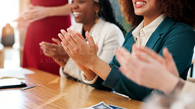 Buy stock photo Hands, audience or businesswomen clapping for presentation, teamwork or empowerment agreement. Bonus, achievement or employees with applause, group or goals in celebration for success at workplace