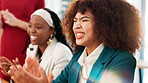 Excited, audience or businesswomen clapping for presentation, teamwork or empowerment agreement. Bonus, smile or happy employees with applause, group or goals in celebration for success at workplace