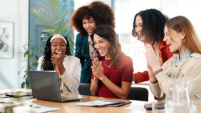 Buy stock photo Excited, businesswomen and clapping with laptop for good news, teamwork or empowerment agreement. Bonus, smile or happy designers with applause, group or goals in celebration for success at workplace