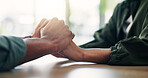 Care, comfort and couple holding hands on table for love, loyalty and connection in home. Support, kindness and people closeup for empathy, forgive partner and commitment for relationship together