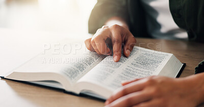 Buy stock photo Bible, hands and person reading book with faith in spiritual religion for peace, guidance or learning. Jesus Christ, house or worship with praise, scripture and gratitude with prayer, story or gospel