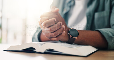 Buy stock photo Home, hands and person praying with bible in spiritual religion for peace, guidance and learning. Jesus Christ, book or holy worship with praise, scripture and gratitude for God, faith and gospel