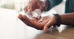 Home, medicine or hands with pills, vitamin supplements and medical prescription on palm. Disease, wellness and healthcare tablets for virus, sick person with medication, flu or pharmaceutical drugs