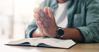 Buy stock photo House, hands and person praying with bible in spiritual religion for peace, guidance and learning. Jesus Christ, book or holy worship with praise, scripture and gratitude for God, faith and gospel 