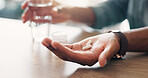 Closeup, medicine or hands of person with pills, vitamin supplements and medical prescription in home. Disease, wellness and tablets for virus, sickness with medication, flu and pharmaceutical drugs