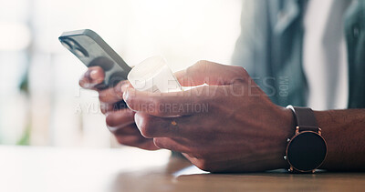 Buy stock photo Man, hands and pills in home with phone, drugs research and check side effects. Person, medication bottle and mobile at table for dosage information, telehealth app and health insurance policy review