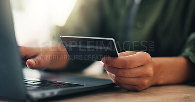Buy stock photo Hands, person or credit card with laptop in home for online shopping, banking payment or typing voucher code. Ecommerce, closeup and fintech on technology for website transaction or discount purchase