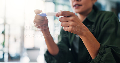 Buy stock photo Home, hands and woman with pregnancy test, stress and overwhelmed with negative fertility result. Anxiety, maternity and person in lounge, disappointed and fail with ivf, upset or worry with reaction