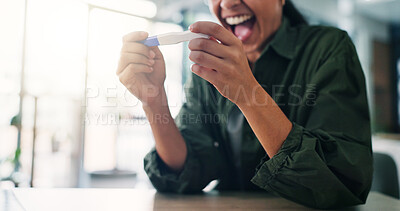 Buy stock photo Hands, excited and woman with pregnancy test, home and announcement with IVF treatment. Apartment, pregnant and happy person with results, maternity and wow with motherhood, good news and expectation