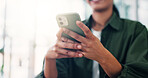 Closeup, hands and typing with phone in home for text message, social network and online search. Person, smartphone and internet connection for checking news update, app download and communication