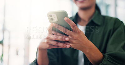 Buy stock photo Closeup, hands and typing with phone in home for text message, social network and online search. Person, smartphone and internet connection for checking news update, app download and communication