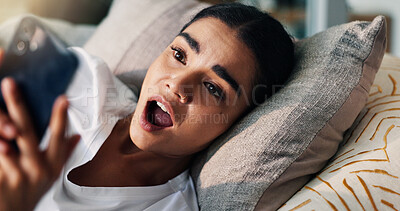 Buy stock photo Shocked, online and woman with smartphone, home and news on social media, gossip or doubt in lounge. House, reading and person with surprised expression for rumor, wow or girl with mobile for message