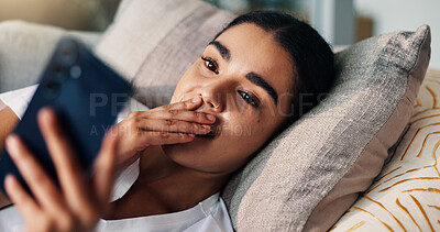 Buy stock photo Shocked, reading and woman with smartphone, home and news on social media, gossip or doubt in lounge. House, online and person with surprised expression for rumor, wow or girl with mobile for message