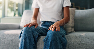 Buy stock photo Hands, nervous and therapy with person on sofa in ptsd or trauma counseling session closeup. Anxiety, psychology and stress with patient at consulting appointment in clinic for grief, loss or pain