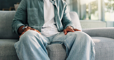 Buy stock photo Hands, nervous and psychology with person on sofa in ptsd or trauma counseling session closeup. Anxiety, stress and therapy with patient at consulting appointment in clinic for grief, loss or pain