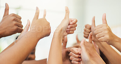 Buy stock photo Hands, thumbs up and team in office with support, motivation and agreement for solidarity in workplace. Business people, group and yes with sign, icon or symbol with gesture for success at company
