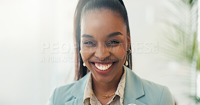 Buy stock photo Portrait, smile and business with black woman in office for investment firm, professional and wealth management. Happy, financial advisor and corporate with person in agency for broker opportunity
