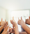 Hands, thumbs up and group in office with support, motivation and agreement with mock up space. Business people, team and yes with sign, icon or symbol with gesture for success at startup company