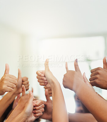 Buy stock photo Hands, thumbs up and group in office with support, motivation and agreement with mock up space. Business people, team and yes with sign, icon or symbol with gesture for success at startup company