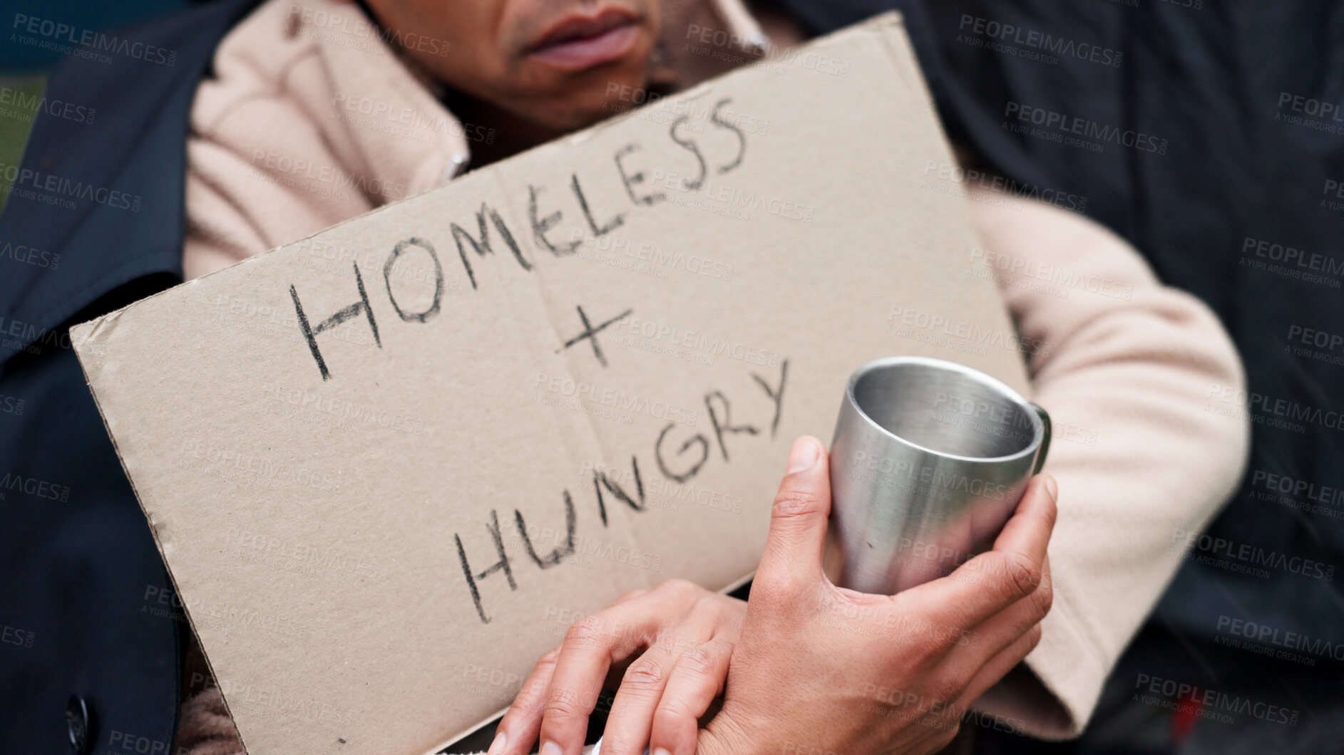 Buy stock photo Hands, homeless and cardboard sign with cup, poverty and begging for money, change and ask for help. Person, outdoor and poster for donation, care and hungry with need, hope and support in Brazil