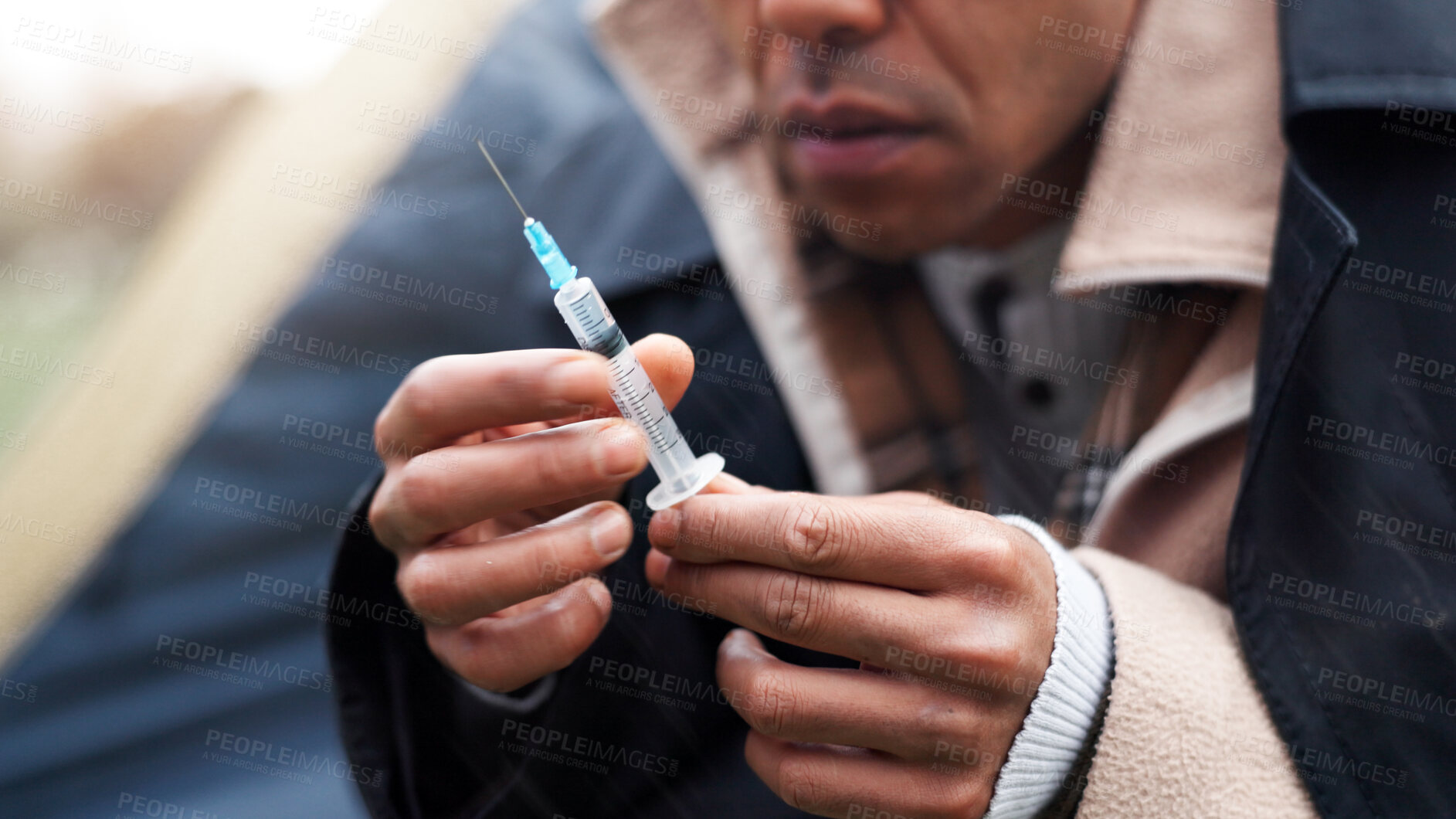 Buy stock photo Hands, poverty and homeless with needle, drugs and tent with addiction, injection and substance abuse at park. Person, syringe and narcotics with grief, bankrupt and outdoor with illegal medicine