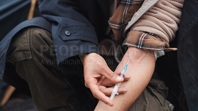 Buy stock photo Hands, syringe and homeless with injection, drugs and addiction with chemical for substance abuse. Person, needle and narcotics with toxic habit, jobless and opioid crisis with illegal medicine