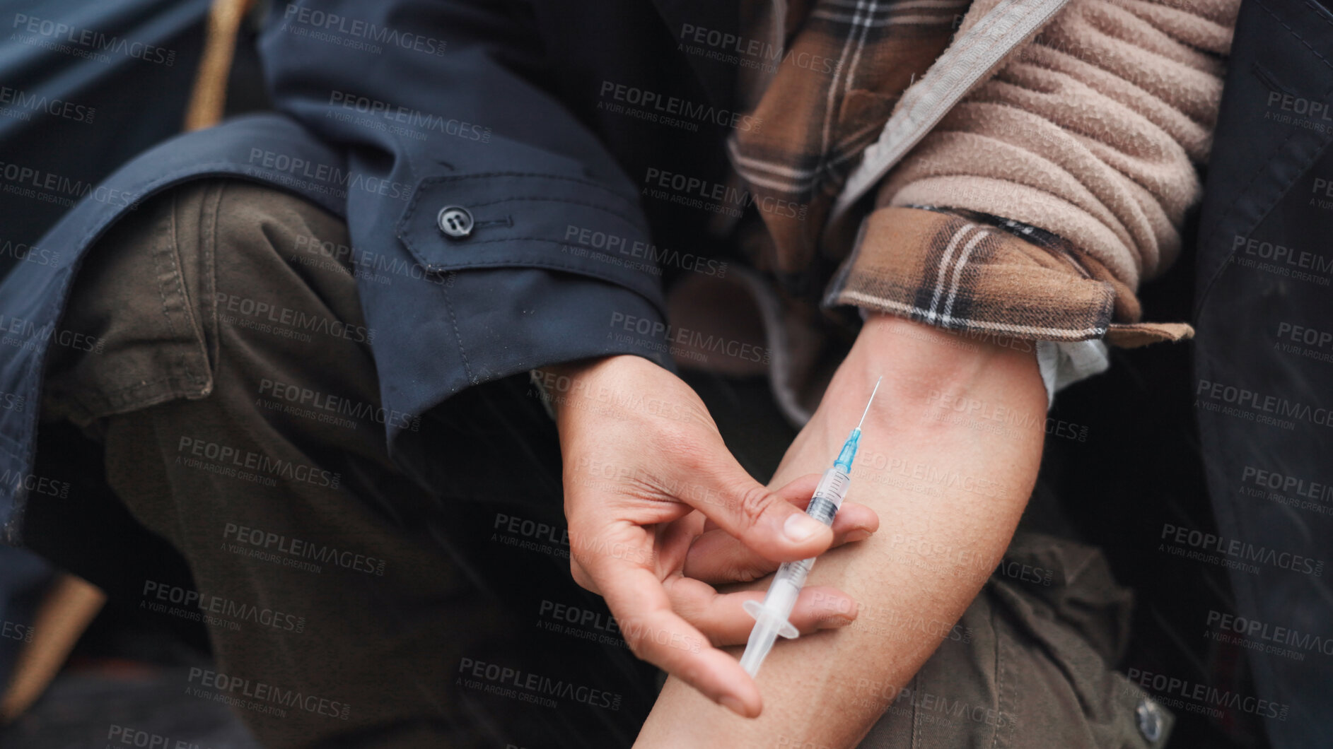 Buy stock photo Hands, syringe and homeless with injection, drugs and addiction with chemical for substance abuse. Person, needle and narcotics with toxic habit, jobless and opioid crisis with illegal medicine