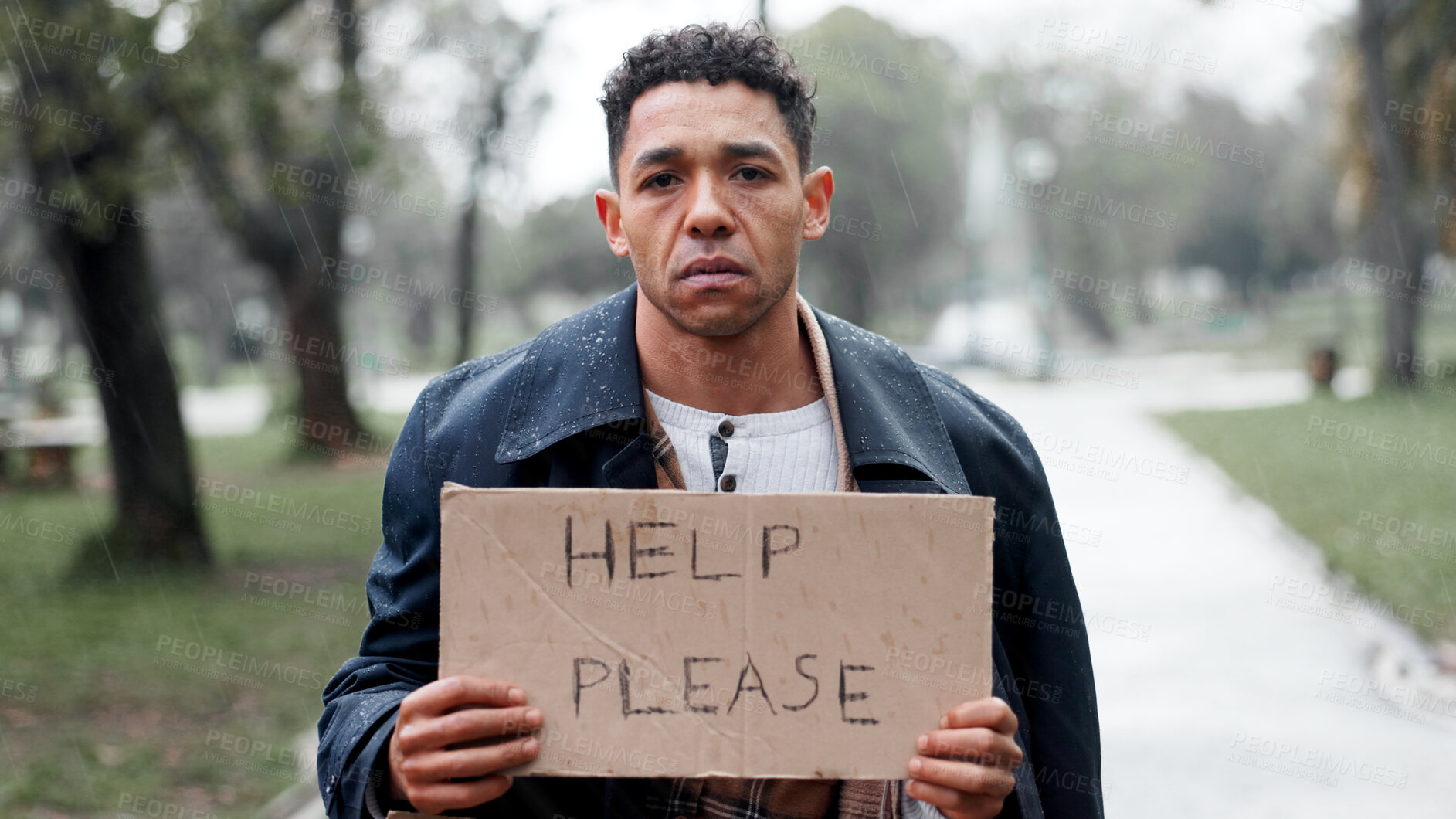 Buy stock photo Homeless man, cardboard and sign for help in portrait for poverty, begging or ask for support, change or money. Person, poster and sad with need for charity, donation and empathy at park in Brazil