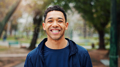 Buy stock photo Happy, fitness and portrait of man in nature with confidence for running with marathon training. Sports, smile and male athlete with pride for cardio workout or exercise outdoor in park for activity.