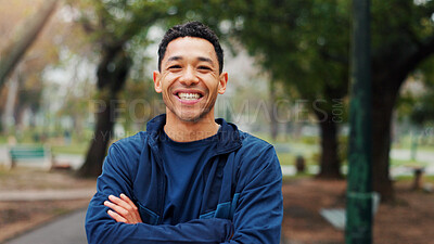 Buy stock photo Crossed arms, fitness and portrait of man in nature with confidence for running with training. Runner, happy and male athlete with pride for cardio workout or exercise outdoor for sports in park.