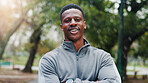 Crossed arms, health and portrait of black man in nature with confidence for running with training. Sports, fitness and African male athlete with pride for cardio workout or exercise outdoor in park.