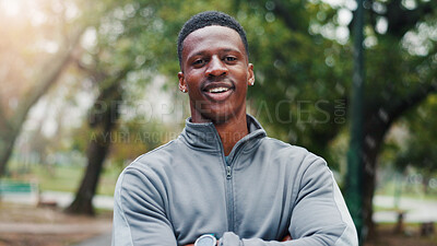 Buy stock photo Crossed arms, health and portrait of black man in nature with confidence for wellness with training. Sports, fitness or African male athlete with pride for cardio workout or exercise outdoor in park.