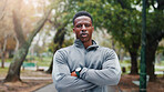 Crossed arms, fitness and portrait of black man in nature with confidence for running with training. Sports, health and African male athlete with pride for cardio workout or exercise outdoor in park.