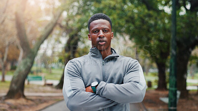 Buy stock photo Crossed arms, fitness and portrait of black man in nature with confidence for running with training. Sports, health and African male athlete with pride for cardio workout or exercise outdoor in park.