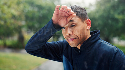 Buy stock photo Fatigue, fitness and running with man in park for cardio exercise, marathon training or workout. Exhausted, sports and sweat with tired athlete or runner outdoor for break, health and wellness