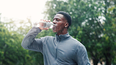 Buy stock photo Drinking water, outdoor and black man with exercise, healthy guy and wellness with thirsty. African person, athlete and runner with bottle, break and mineral liquid with fitness, hydration and sports
