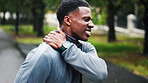 Fitness, nature and man with shoulder injury, pain or accident on run for marathon, race or training. Sports, exercise and athlete with muscle sprain, inflammation or tender joint for cardio workout.