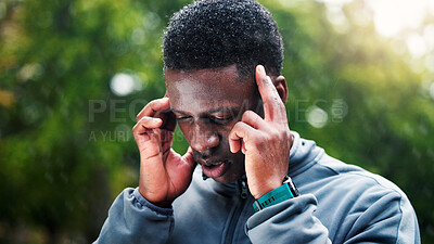 Buy stock photo Exercise, fatigue and headache with black man outdoor in park for cardio training, marathon or running. Burnout, fitness and pain with tired athlete or runner in nature for challenge or workout