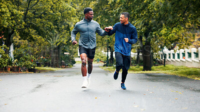 Buy stock photo Fitness, running and people with fist bump outdoor for marathon training, challenge success and race celebration. Friends, team building and runner club with workout progress, sports support and jog