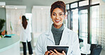 Tablet, woman and portrait of optometrist in store for vision, eyecare or wellness report online. Happy, research and female optician with technology for checking ophthalmology appointment in shop.