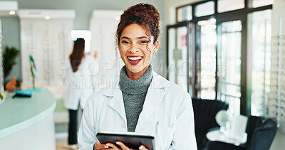 Buy stock photo Tablet, woman and portrait of optician in store for vision, eye care or wellness report online. Happy, research and female optometrist with technology for checking ophthalmology appointment in shop.