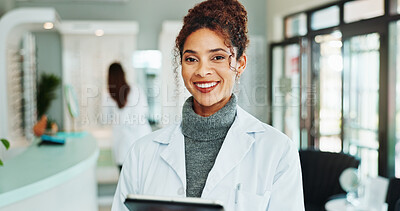 Buy stock photo Tablet, happy and portrait of optometrist in store for vision, eye care or wellness report online. Smile, research and female optician with technology for checking ophthalmology appointment in shop.