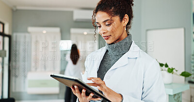 Buy stock photo Tablet, research and optometrist in store for vision, eye care or wellness report online. Happy, reading and female optician with digital technology for checking ophthalmology appointment in shop.