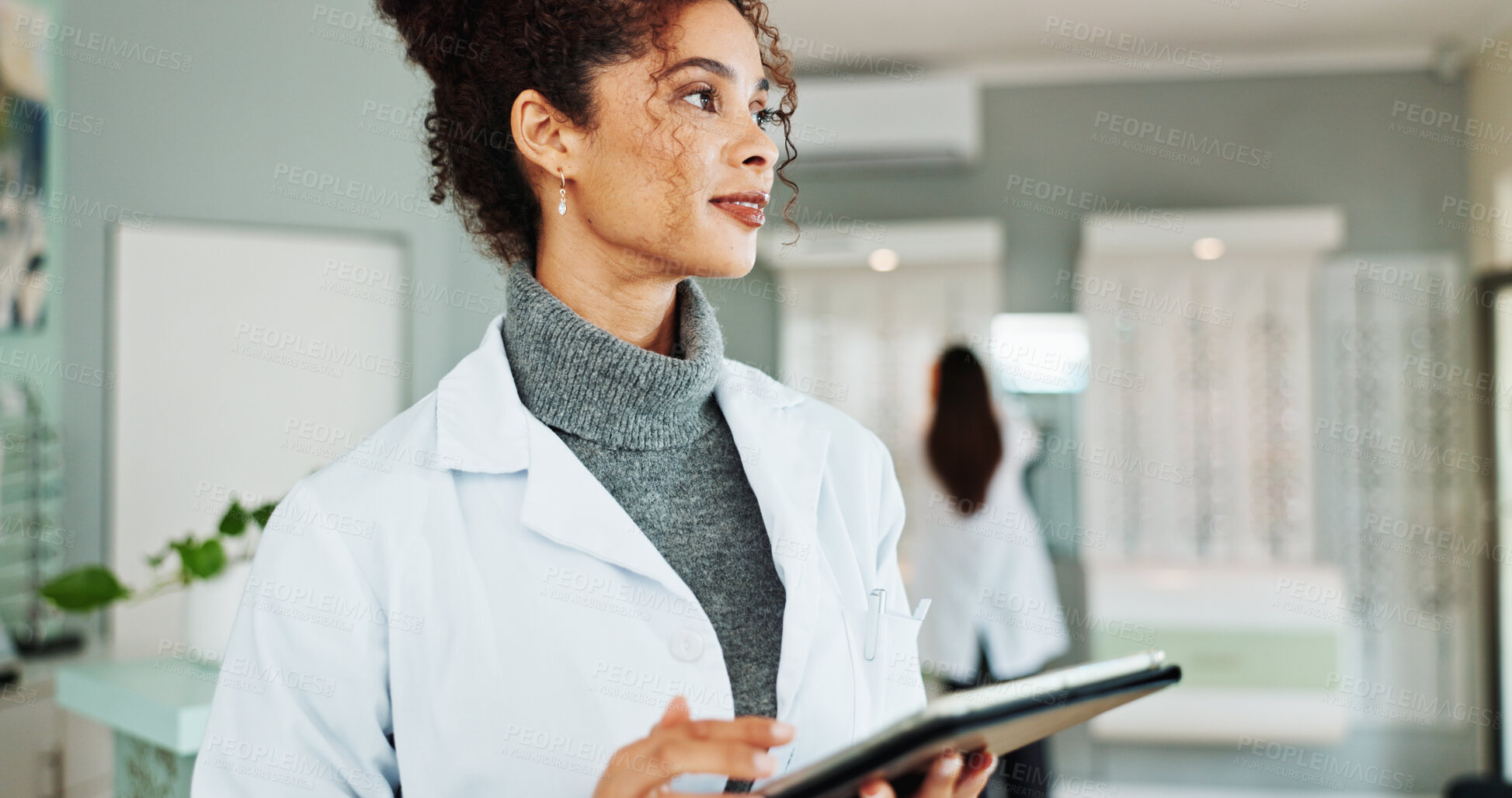 Buy stock photo Tablet, thinking and optometrist in store for vision, eye care or wellness report online. Idea, research and female optician with digital technology for checking ophthalmology appointment in shop.
