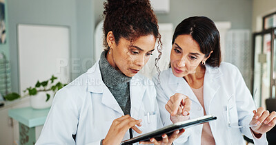 Buy stock photo Tablet, women and optician with eye health, vision discussion, planning treatment. Digital technology, optometrist and store for eyesight test results, collaboration and medical team with glasses