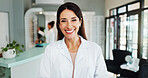 Portrait, optometry and woman in store, smile and confidence with career ambition. Face, optometrist and happy person in workplace,  pride and eye specialist with expert for vision health and medical
