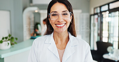Buy stock photo Happy woman, portrait or glasses with vision for sight, optical or eyecare at optometry store. Female person, optometrist or face with smile, spectacles or eye prescription for small business at shop