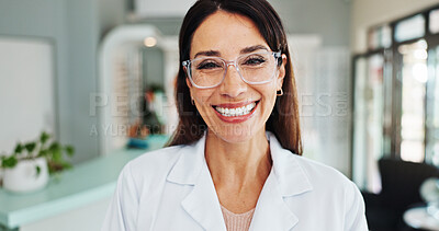 Buy stock photo Happy woman, portrait or glasses with sight for eyecare, optical or vision at optometry store. Female person, optometrist or face with smile, spectacles or eye prescription for small business at shop
