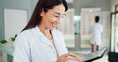 Buy stock photo Smile, woman and optician on tablet for vision, medical treatment or check eyesight test results. Digital technology, optometrist and store for ophthalmology research, eye health and prescription
