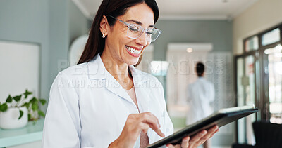 Buy stock photo Smile, woman and optometrist on tablet for vision, medical treatment or check eyesight test results. Digital technology, optician and store for ophthalmology research, eye health and prescription